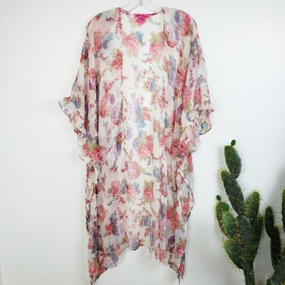 Betsey Johnson Floral Print Sheer Kimono Ruffled Swim Cover-up Loungewear O/S - Picture 6 of 12